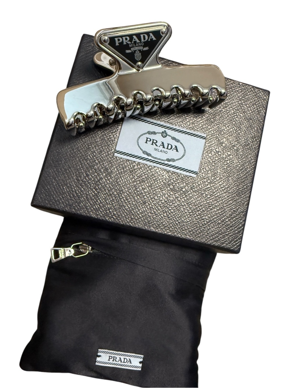 Prada Silver Metal Hair Claw Clip with Black Logo Triangle - Picture 6 of 10